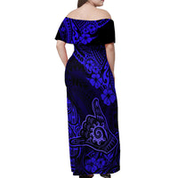 Hawaii Shaka Sign Off Shoulder Maxi Dress With Polynesian Hibiscus Navy Blue Unique - Wonder Print Shop
