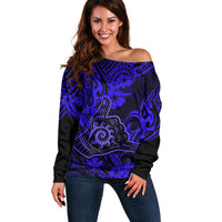 Hawaii Shaka Sign Off Shoulder Sweater With Polynesian Hibiscus Navy Blue Unique - Wonder Print Shop