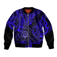 Hawaii Shaka Sign Sleeve Zip Bomber Jacket With Polynesian Hibiscus Navy Blue Unique - Wonder Print Shop