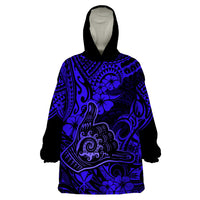 Hawaii Shaka Sign Wearable Blanket Hoodie With Polynesian Hibiscus Navy Blue Unique - Wonder Print Shop