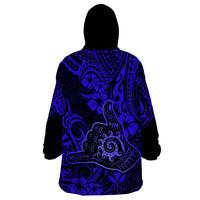 Hawaii Shaka Sign Wearable Blanket Hoodie With Polynesian Hibiscus Navy Blue Unique - Wonder Print Shop