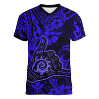 Hawaii Shaka Sign Women V Neck T Shirt With Polynesian Hibiscus Navy Blue Unique - Wonder Print Shop