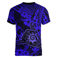 Hawaii Shaka Sign Women V Neck T Shirt With Polynesian Hibiscus Navy Blue Unique - Wonder Print Shop