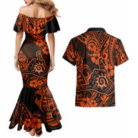 Hawaii Shaka Sign Couples Matching Mermaid Dress and Hawaiian Shirt With Polynesian Hibiscus Orange Unique - Wonder Print Shop