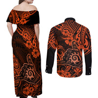 Hawaii Shaka Sign Couples Matching Off Shoulder Maxi Dress and Long Sleeve Button Shirts With Polynesian Hibiscus Orange Unique - Wonder Print Shop