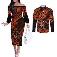 hawaii-shaka-sign-couples-matching-off-the-shoulder-long-sleeve-dress-and-long-sleeve-button-shirts-with-polynesian-hibiscus-orange-unique