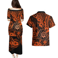 Hawaii Shaka Sign Couples Matching Puletasi Dress and Hawaiian Shirt With Polynesian Hibiscus Orange Unique - Wonder Print Shop