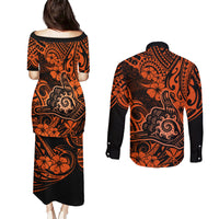 Hawaii Shaka Sign Couples Matching Puletasi Dress and Long Sleeve Button Shirts With Polynesian Hibiscus Orange Unique - Wonder Print Shop