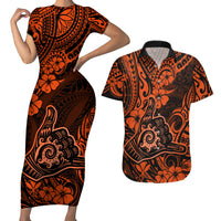 Hawaii Shaka Sign Couples Matching Short Sleeve Bodycon Dress and Hawaiian Shirt With Polynesian Hibiscus Orange Unique - Wonder Print Shop