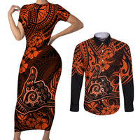 Hawaii Shaka Sign Couples Matching Short Sleeve Bodycon Dress and Long Sleeve Button Shirts With Polynesian Hibiscus Orange Unique - Wonder Print Shop