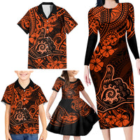 Hawaii Shaka Sign Family Matching Long Sleeve Bodycon Dress and Hawaiian Shirt With Polynesian Hibiscus Orange Unique - Wonder Print Shop