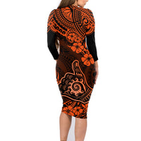 Hawaii Shaka Sign Family Matching Long Sleeve Bodycon Dress and Hawaiian Shirt With Polynesian Hibiscus Orange Unique - Wonder Print Shop