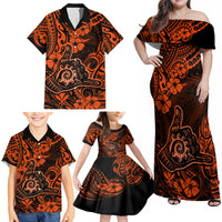 Hawaii Shaka Sign Family Matching Off Shoulder Maxi Dress and Hawaiian Shirt With Polynesian Hibiscus Orange Unique - Wonder Print Shop