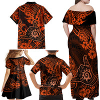 Hawaii Shaka Sign Family Matching Off Shoulder Maxi Dress and Hawaiian Shirt With Polynesian Hibiscus Orange Unique - Wonder Print Shop