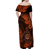 Hawaii Shaka Sign Family Matching Off Shoulder Maxi Dress and Hawaiian Shirt With Polynesian Hibiscus Orange Unique - Wonder Print Shop