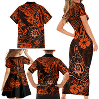 Hawaii Shaka Sign Family Matching Short Sleeve Bodycon Dress and Hawaiian Shirt With Polynesian Hibiscus Orange Unique - Wonder Print Shop