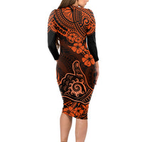 Hawaii Shaka Sign Long Sleeve Bodycon Dress With Polynesian Hibiscus Orange Unique - Wonder Print Shop