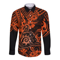 Hawaii Shaka Sign Long Sleeve Button Shirt With Polynesian Hibiscus Orange Unique - Wonder Print Shop