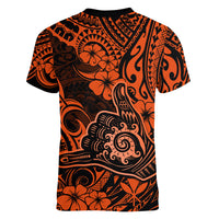 Hawaii Shaka Sign Women V Neck T Shirt With Polynesian Hibiscus Orange Unique - Wonder Print Shop