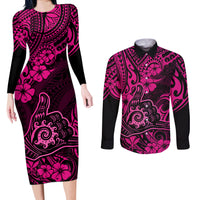 Hawaii Shaka Sign Couples Matching Long Sleeve Bodycon Dress and Long Sleeve Button Shirts With Polynesian Hibiscus Pink Unique - Wonder Print Shop