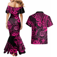 Hawaii Shaka Sign Couples Matching Mermaid Dress and Hawaiian Shirt With Polynesian Hibiscus Pink Unique - Wonder Print Shop
