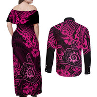 Hawaii Shaka Sign Couples Matching Off Shoulder Maxi Dress and Long Sleeve Button Shirts With Polynesian Hibiscus Pink Unique - Wonder Print Shop