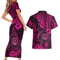 Hawaii Shaka Sign Couples Matching Short Sleeve Bodycon Dress and Hawaiian Shirt With Polynesian Hibiscus Pink Unique - Wonder Print Shop