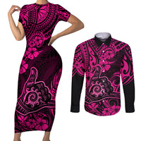 Hawaii Shaka Sign Couples Matching Short Sleeve Bodycon Dress and Long Sleeve Button Shirts With Polynesian Hibiscus Pink Unique - Wonder Print Shop