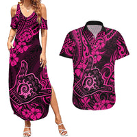 Hawaii Shaka Sign Couples Matching Summer Maxi Dress and Hawaiian Shirt With Polynesian Hibiscus Pink Unique - Wonder Print Shop