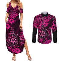 Hawaii Shaka Sign Couples Matching Summer Maxi Dress and Long Sleeve Button Shirts With Polynesian Hibiscus Pink Unique - Wonder Print Shop