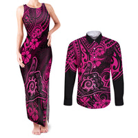 Hawaii Shaka Sign Couples Matching Tank Maxi Dress and Long Sleeve Button Shirts With Polynesian Hibiscus Pink Unique - Wonder Print Shop