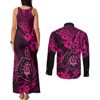 Hawaii Shaka Sign Couples Matching Tank Maxi Dress and Long Sleeve Button Shirts With Polynesian Hibiscus Pink Unique - Wonder Print Shop