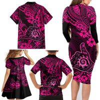 Hawaii Shaka Sign Family Matching Long Sleeve Bodycon Dress and Hawaiian Shirt With Polynesian Hibiscus Pink Unique - Wonder Print Shop