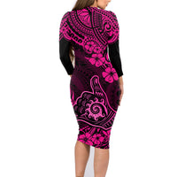 Hawaii Shaka Sign Family Matching Long Sleeve Bodycon Dress and Hawaiian Shirt With Polynesian Hibiscus Pink Unique - Wonder Print Shop