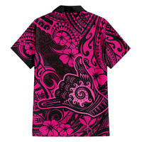Hawaii Shaka Sign Family Matching Off Shoulder Long Sleeve Dress and Hawaiian Shirt With Polynesian Hibiscus Pink Unique - Wonder Print Shop