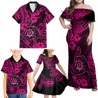 Hawaii Shaka Sign Family Matching Off Shoulder Maxi Dress and Hawaiian Shirt With Polynesian Hibiscus Pink Unique - Wonder Print Shop