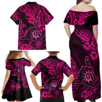 Hawaii Shaka Sign Family Matching Off Shoulder Maxi Dress and Hawaiian Shirt With Polynesian Hibiscus Pink Unique - Wonder Print Shop
