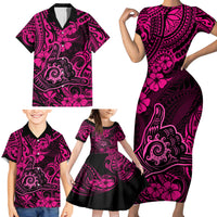 Hawaii Shaka Sign Family Matching Short Sleeve Bodycon Dress and Hawaiian Shirt With Polynesian Hibiscus Pink Unique - Wonder Print Shop