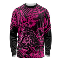 Hawaii Shaka Sign Long Sleeve Shirt With Polynesian Hibiscus Pink Unique - Wonder Print Shop