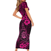 Hawaii Shaka Sign Short Sleeve Bodycon Dress With Polynesian Hibiscus Pink Unique - Wonder Print Shop