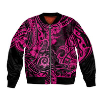 Hawaii Shaka Sign Sleeve Zip Bomber Jacket With Polynesian Hibiscus Pink Unique - Wonder Print Shop