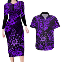 Hawaii Shaka Sign Couples Matching Long Sleeve Bodycon Dress and Hawaiian Shirt Polynesian Pattern Purple Version - Wonder Print Shop