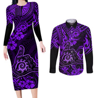 Hawaii Shaka Sign Couples Matching Long Sleeve Bodycon Dress and Long Sleeve Button Shirts Polynesian Pattern Purple Version - Wonder Print Shop