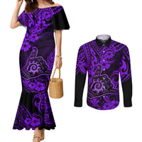 hawaii-shaka-sign-couples-matching-mermaid-dress-and-long-sleeve-button-shirts-polynesian-pattern-purple-version