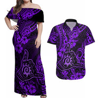 Hawaii Shaka Sign Couples Matching Off Shoulder Maxi Dress and Hawaiian Shirt Polynesian Pattern Purple Version - Wonder Print Shop