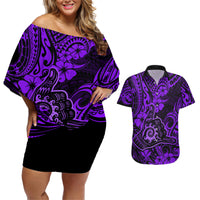 Hawaii Shaka Sign Couples Matching Off Shoulder Short Dress and Hawaiian Shirt Polynesian Pattern Purple Version - Wonder Print Shop