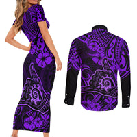 Hawaii Shaka Sign Couples Matching Short Sleeve Bodycon Dress and Long Sleeve Button Shirts Polynesian Pattern Purple Version - Wonder Print Shop