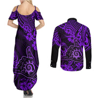 Hawaii Shaka Sign Couples Matching Summer Maxi Dress and Long Sleeve Button Shirts Polynesian Pattern Purple Version - Wonder Print Shop