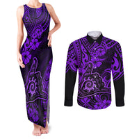Hawaii Shaka Sign Couples Matching Tank Maxi Dress and Long Sleeve Button Shirts Polynesian Pattern Purple Version - Wonder Print Shop