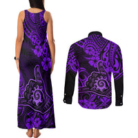Hawaii Shaka Sign Couples Matching Tank Maxi Dress and Long Sleeve Button Shirts Polynesian Pattern Purple Version - Wonder Print Shop